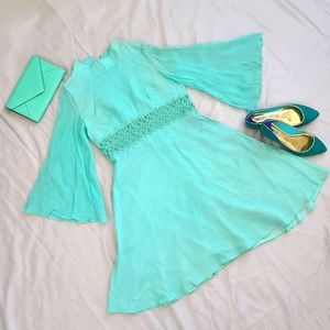 1960s Blue Green High Neck Button Up Ribbon Detail Sheer Sleeves Midi Dress